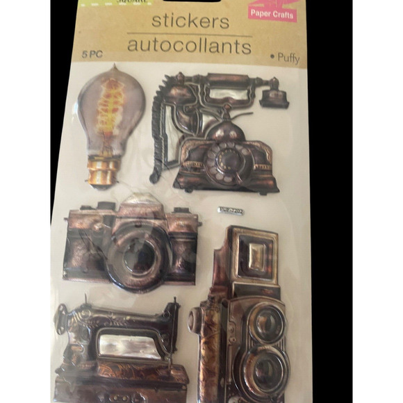 Crafters Square Puffy Stickers Set Lot 3 Pks Vintage Cameras Music Instruments - Picture 11 of 16
